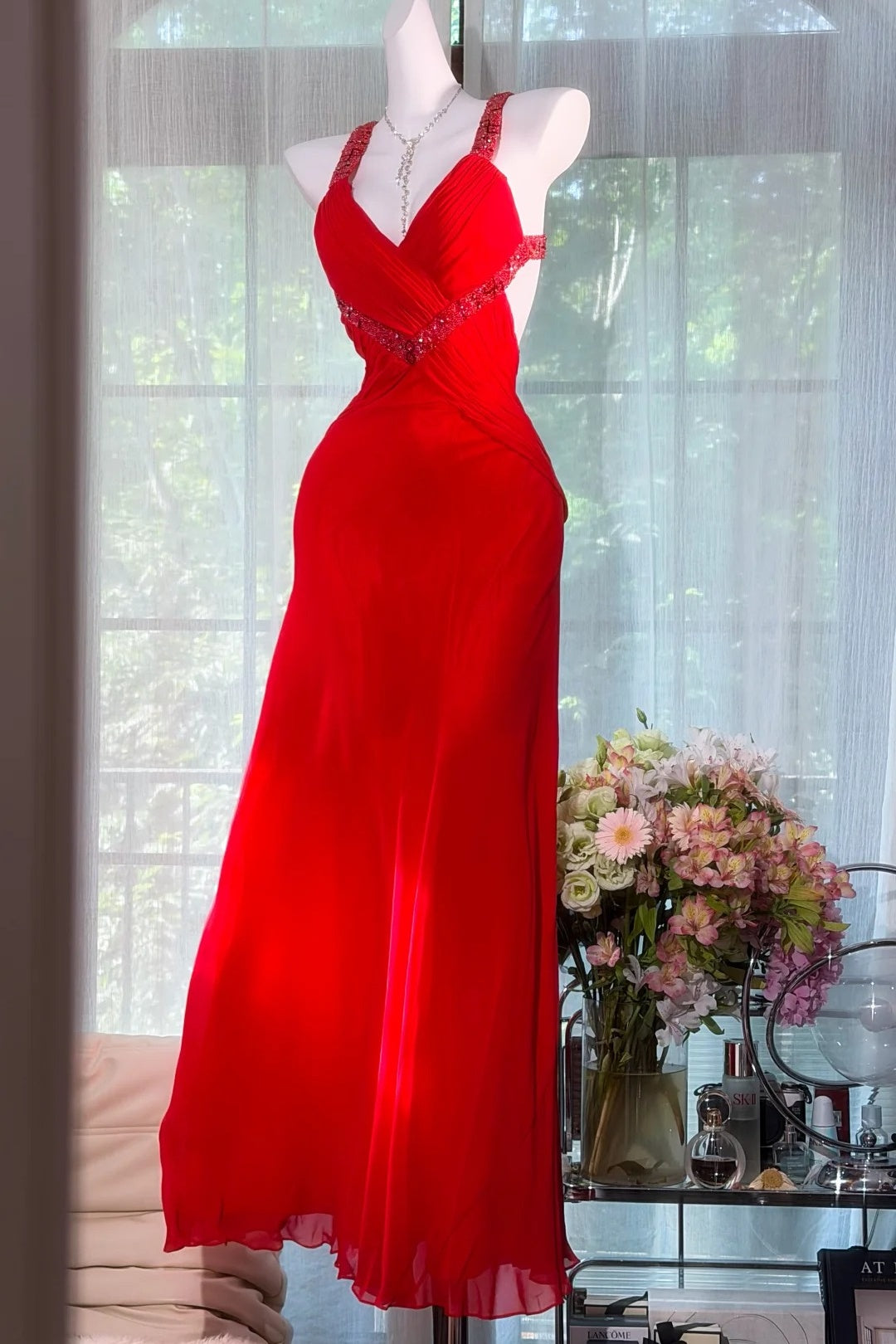 Red Chiffon Prom Dress, Beaded Strap Cross Back Evening Gown F0411