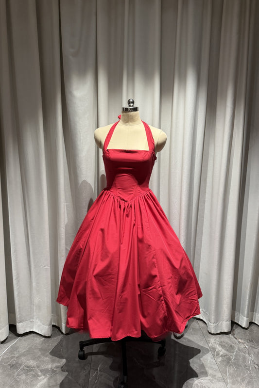 Red Halter Midi Party Dress Corset Back Short Prom Homecoming Gown F0428