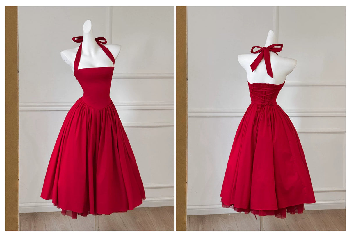 Red Halter Midi Party Dress F0472