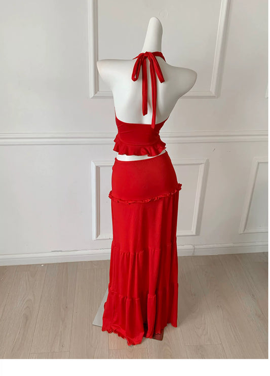 Red Halter Twist Two Piece Maxi Dress, Party Evening Dress F0485