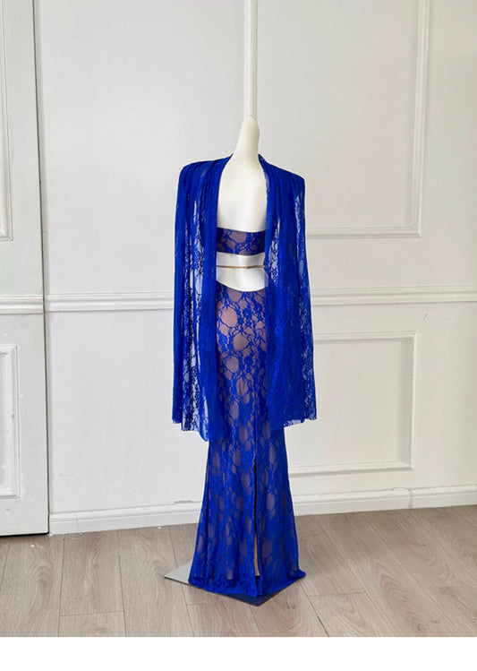 Royal Blue Lace Mermaid Maxi Evening Dress With Cape F0455