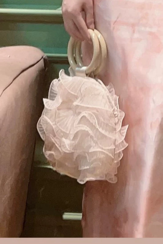 Ruffled Organza Evening Clutch, Wooden Ring Handle Floral Handbag B007
