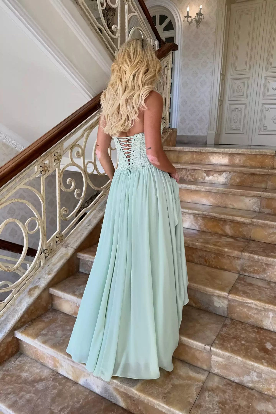 Sage Green Halter Lace Corset Chiffon Maxi Dress Formal Evening Gown L046