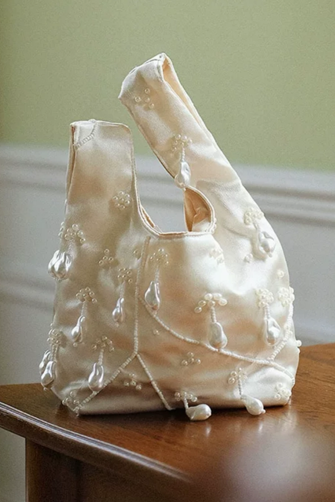 Satin Baroque Pearl Beaded Wedding Handbag, Bridal Evening Clutch B002