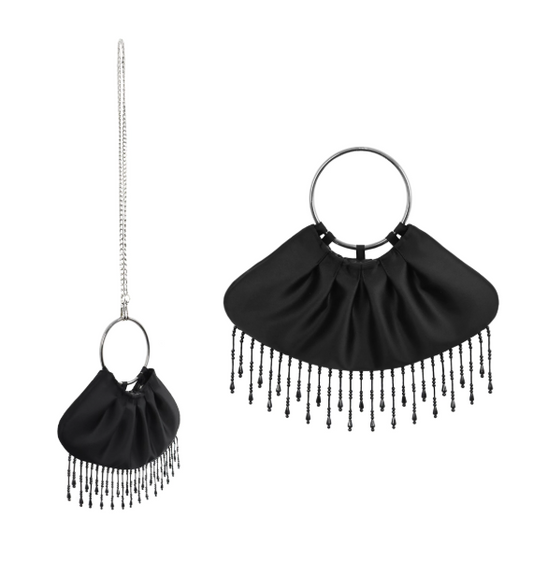 Satin Beaded Tassel Ring Handle Evening Clutch, Formal Party Handbag B001