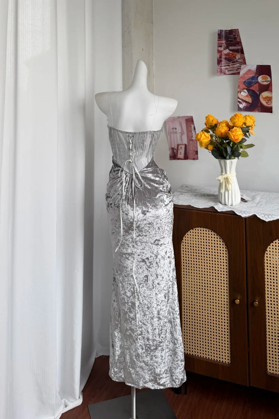 Silver Crushed Velvet Mermaid Evening Dress, Sheer Corset Gown F0415