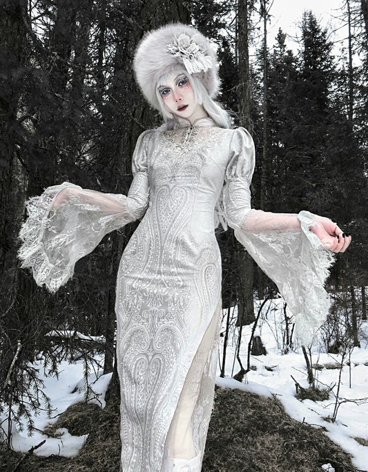 Silver Gray Gothic Lace Midi Dress Halloween Party Dress F0495