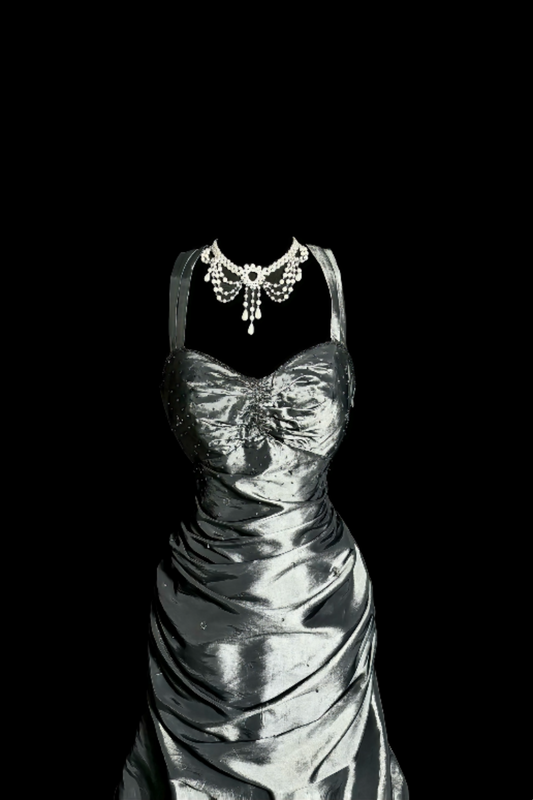 Vintage Silver Satin Prom Gown, Halter Sweetheart Neck Ruffled Mermaid Gown F0042