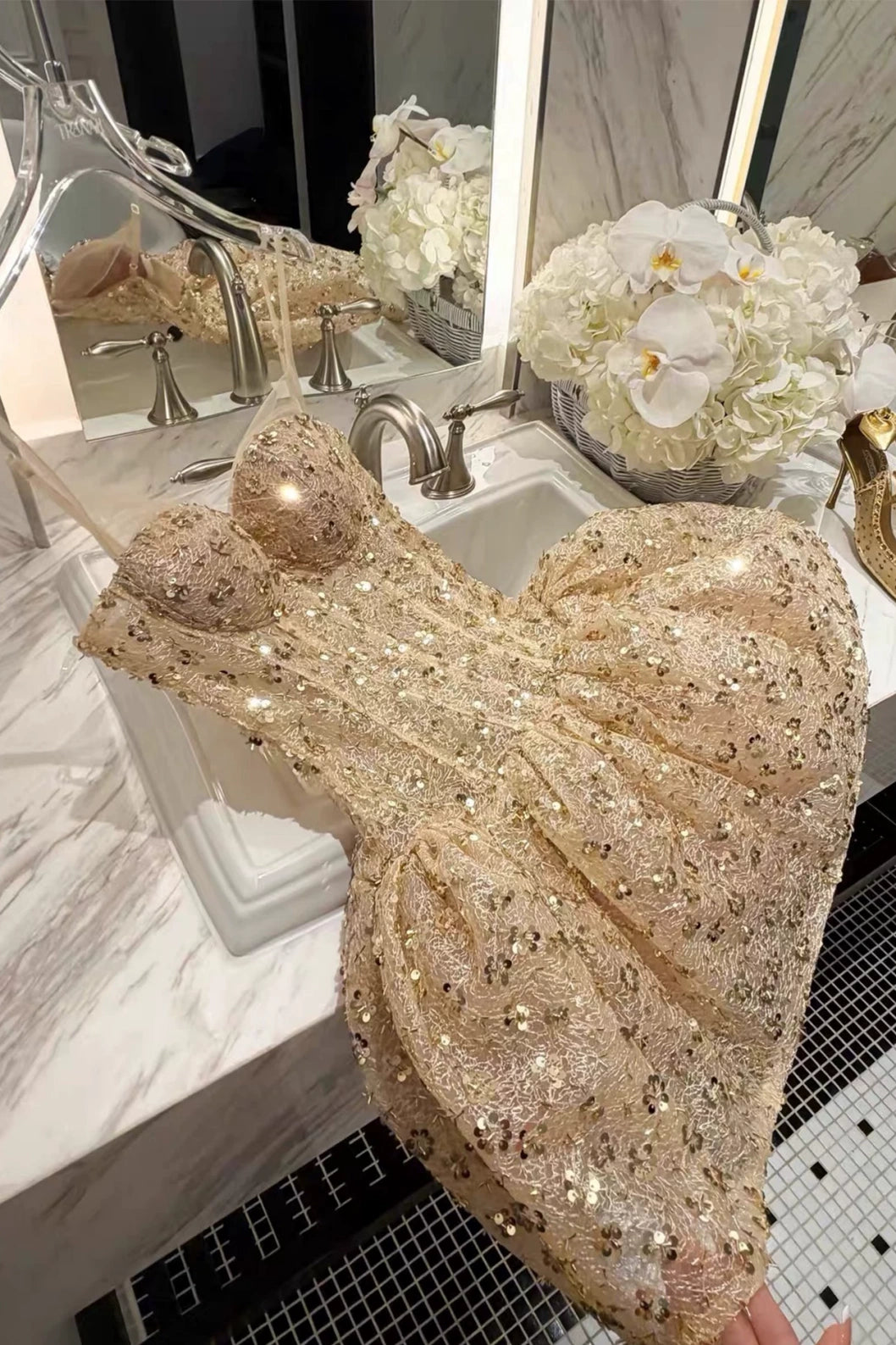 Spaghetti Strap Gold Sequin Lace Mini Homecoming Dress F0320