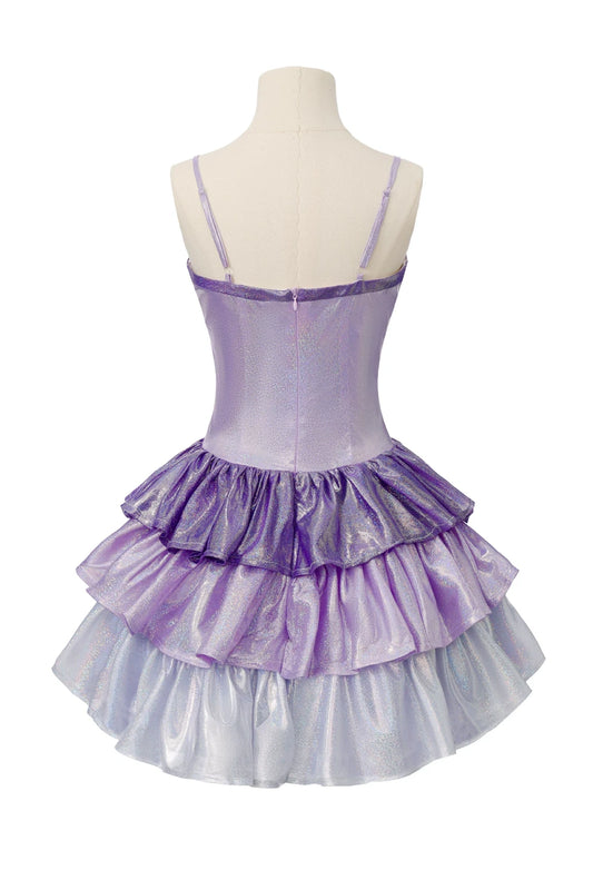 Spaghetti Strap Holographic Purple Tiered Mini Homecoming Dress With Bow F0326