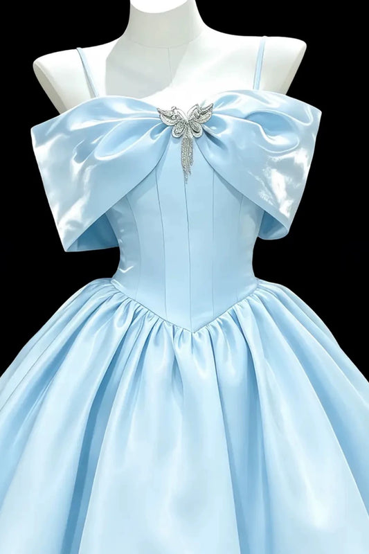 Spaghetti Strap Light Blue Satin Mini Homecoming Dress With Big Bow & Crystal Butterfly F0325
