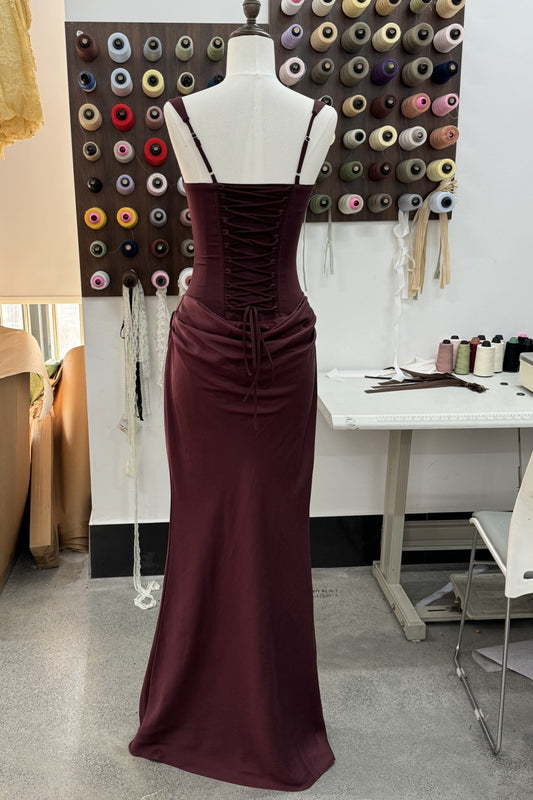 Square Neck Corset Mermaid Long Evening Dress, Draped Waist Formal Gown F0422