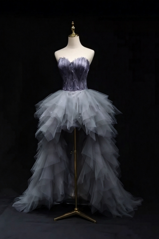 Strapless Feather High Low Tulle Prom Dress Corset Back Evening Gown F0293