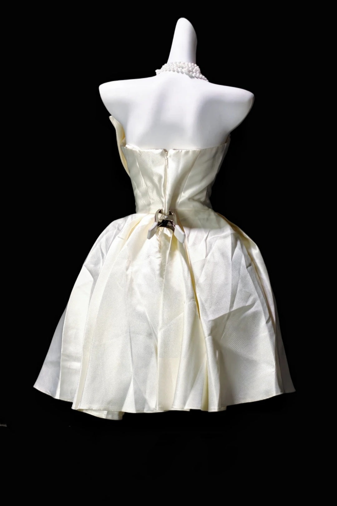 Strapless Ivory Satin Short Dress With Draped Bodice & Big Side Bow F0362