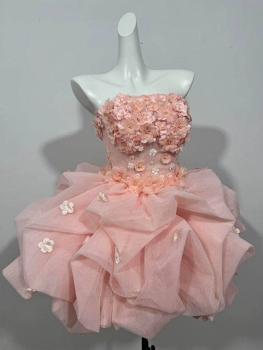 Strapless 3D Floral Tulle Homecoming Dress Puffy Mini Princess Dress F0298