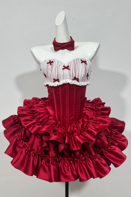 Strapless Ruffled Satin Mini Homecoming Dress With Tiny Bows F0312