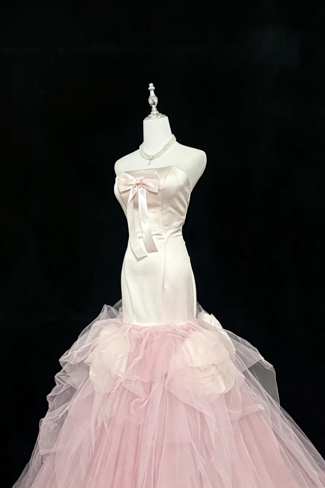 Pink‑White Ombre Strapless Mermaid Dress, Satin Bow Tulle Gown With 3D Floral Details F0047