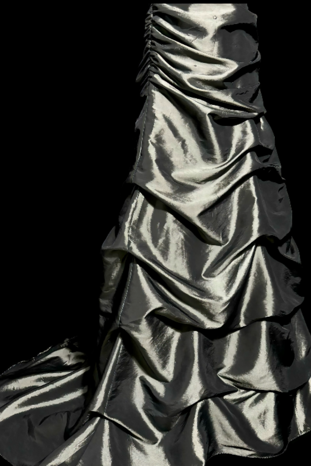 Vintage Silver Satin Prom Gown, Halter Sweetheart Neck Ruffled Mermaid Gown F0042
