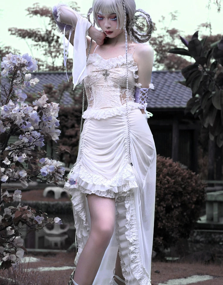White Gothic Fairy Irregular Halloween Party Dress F0497