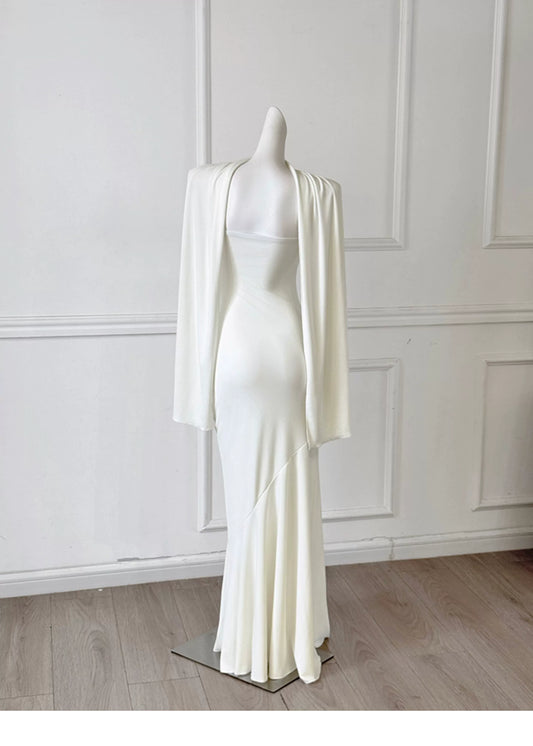 White Strapless Mermaid Evening Gown With Detachable Cape F0466