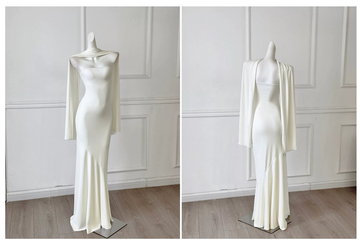 White Strapless Mermaid Evening Gown With Detachable Cape F0466