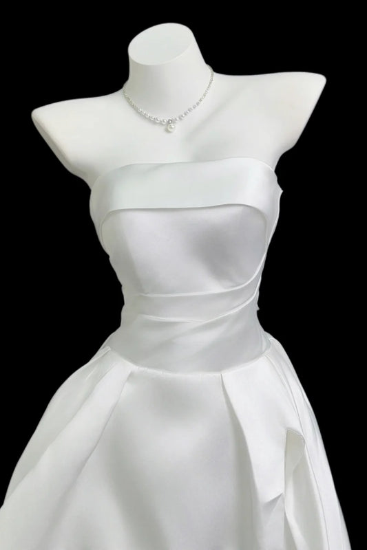 White Strapless Satin A-line Formal Dress F0335