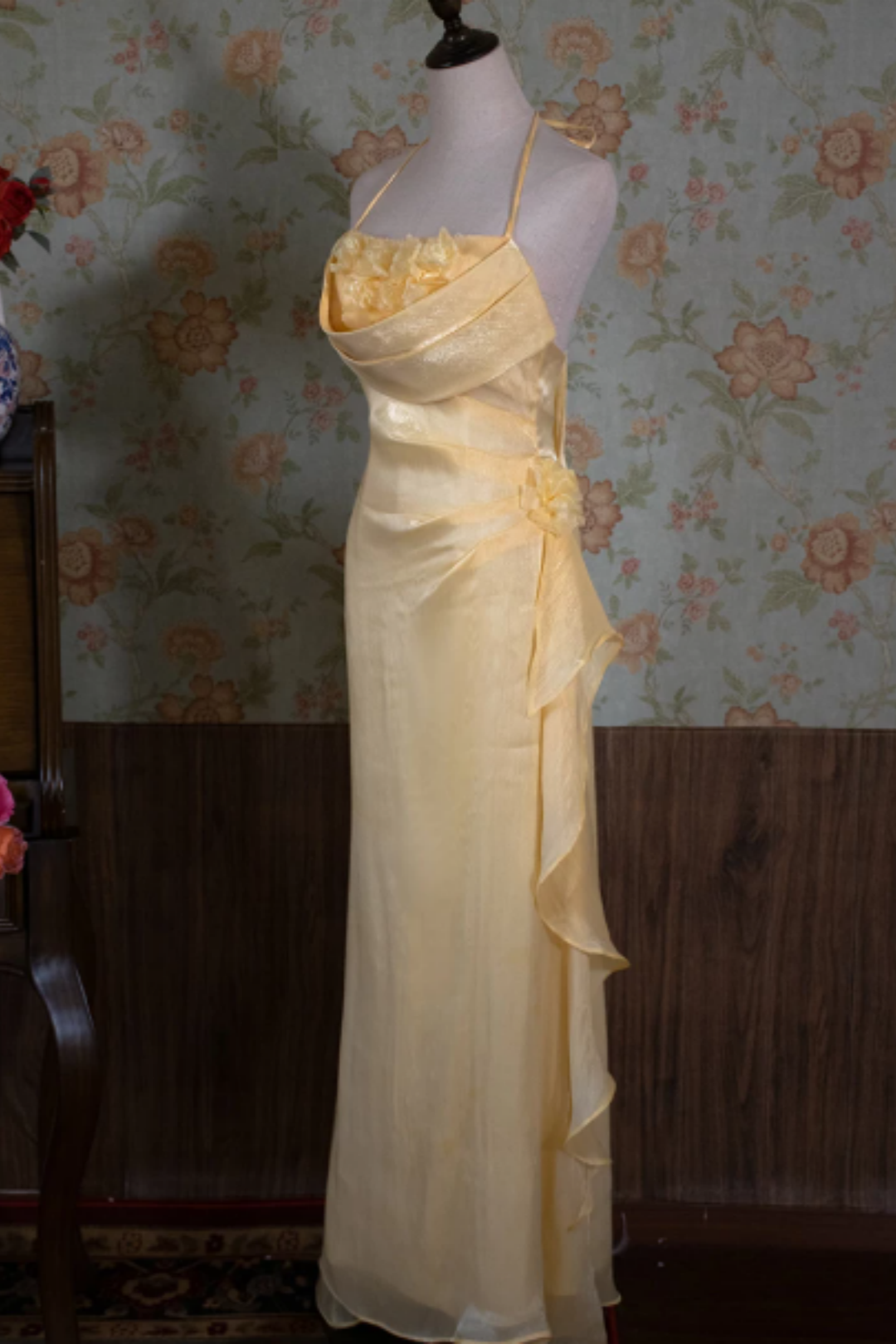 Yellow Halter Mermaid Formal Dress with 3D Flowers L029