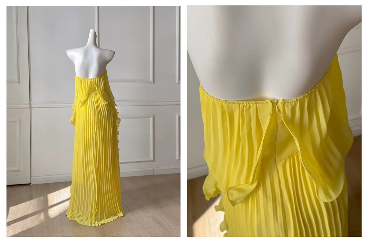 Yellow Pleated Strapless Maxi Dress F0479