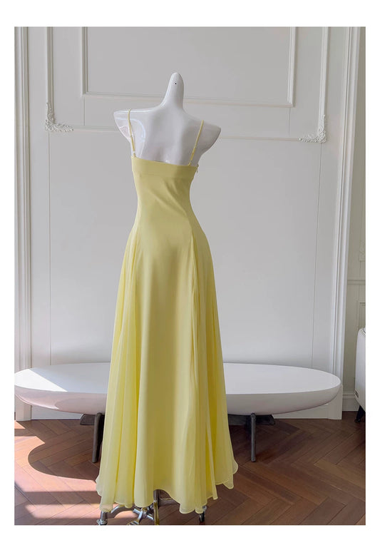 Yellow Spaghetti Strap Chiffon Maxi Dress, Bridesmaid Evening Gown F0431
