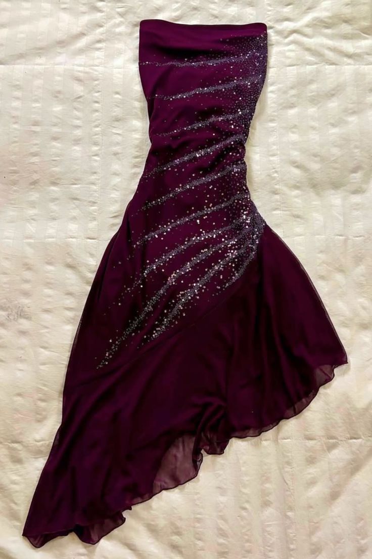 Plum Strapless Beaded Chiffon Dress Asymmetrical Hem Formal Homecoming Party Gown F0153