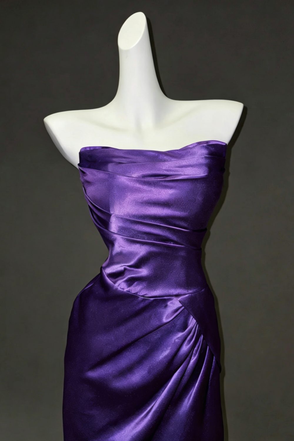 Vintage Deep Purple Satin Mermaid Dress with Ruched Waist, Lace-Up Back Formal Gown Floral029