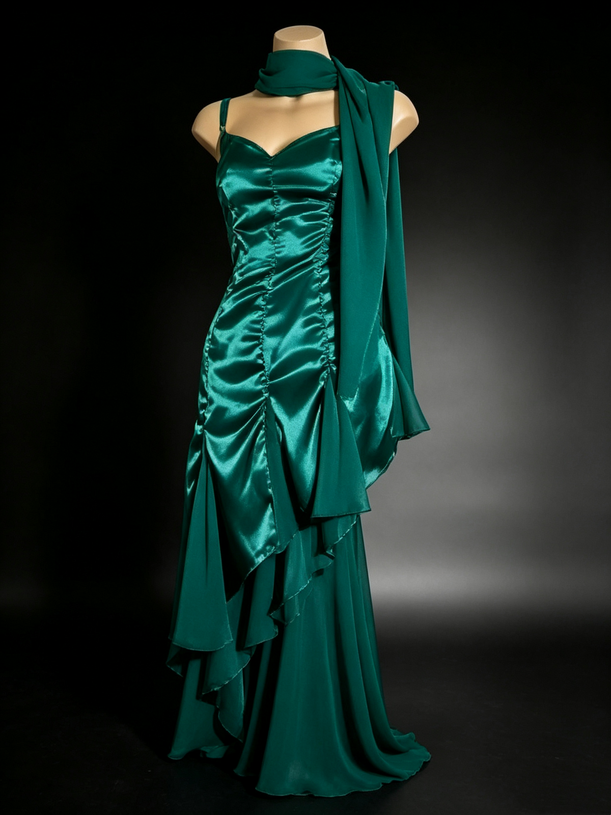 Emerald Green Satin Spaghetti Strap Dress Asymmetrical Chiffon Formal Gown Long & Midi F0025