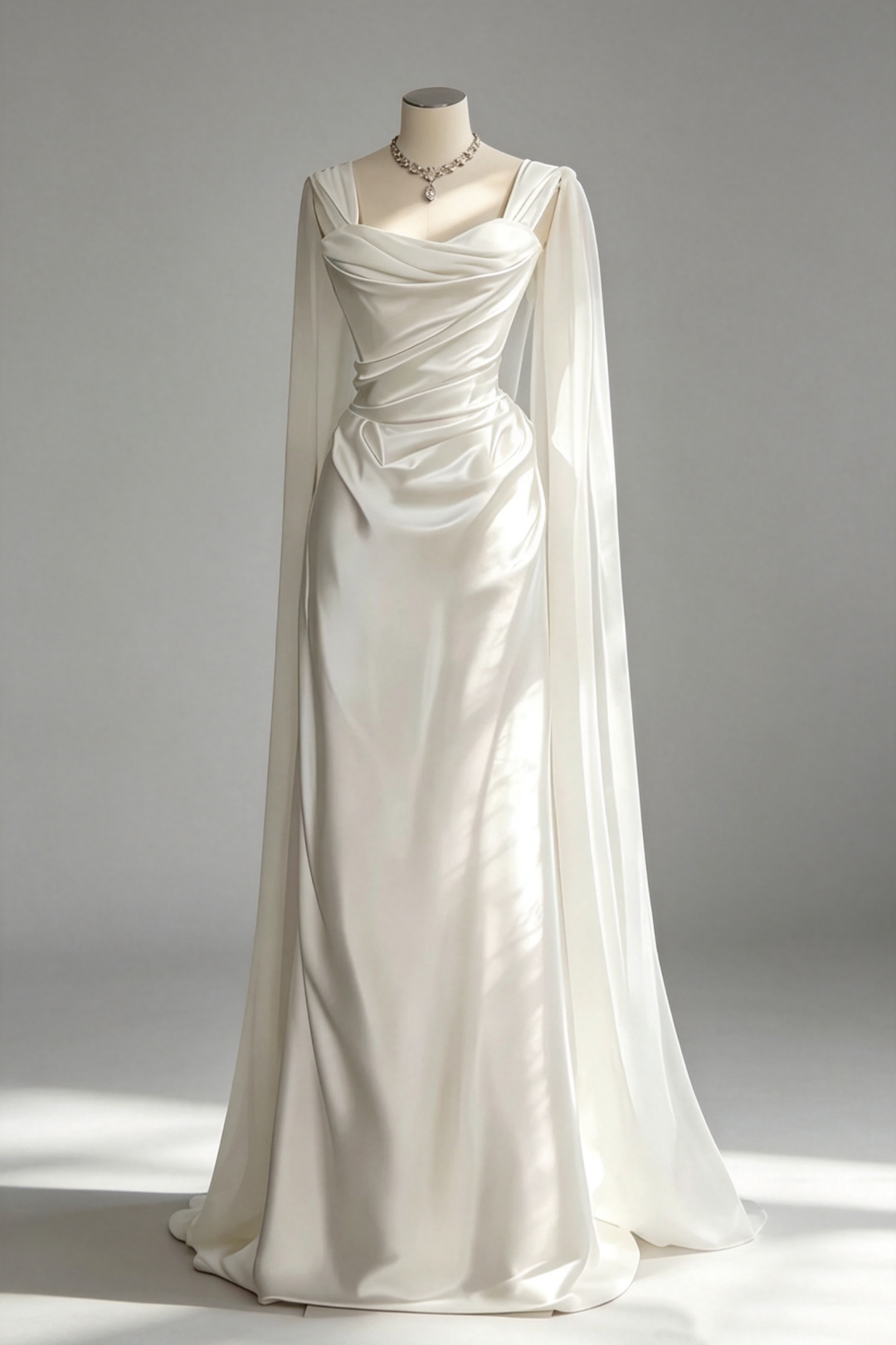 Satin Bridal Gown With Chiffon Cape, Draped Cowl Neck Mermaid Wedding Dress F0074