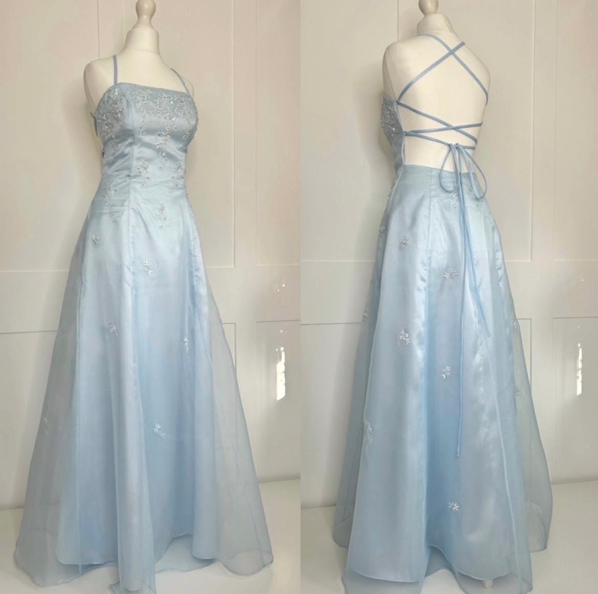 Light Blue Beaded Floral Dress Crisscross Lace‑Up Back A‑Line Prom Evening Gown F0157