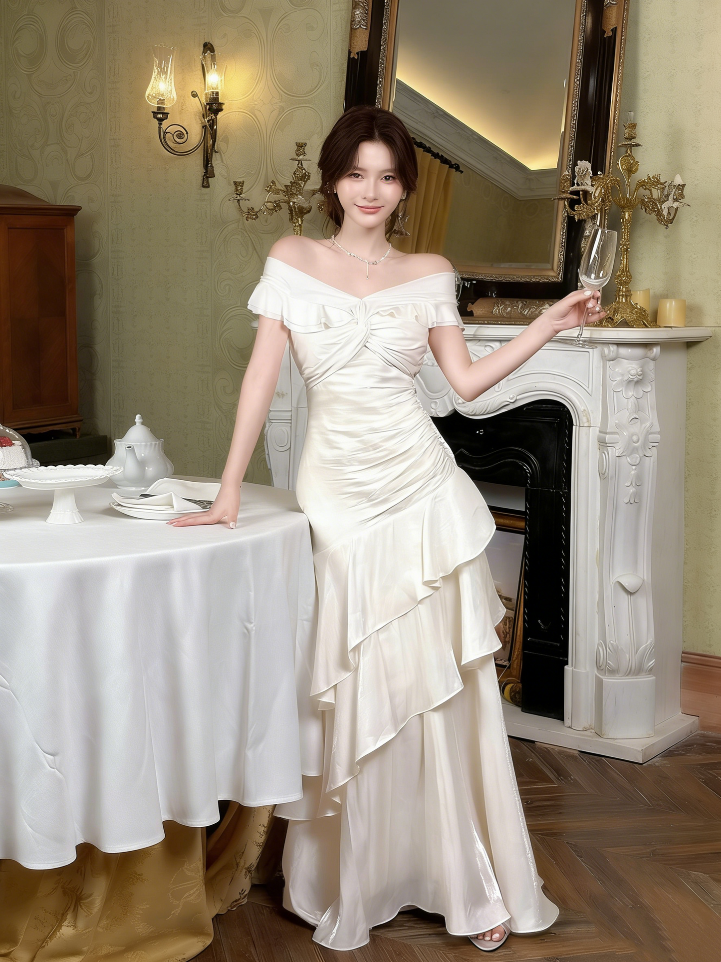 White Long Off-The-Shoulder Prom Dress With Ruffle Details. FD03