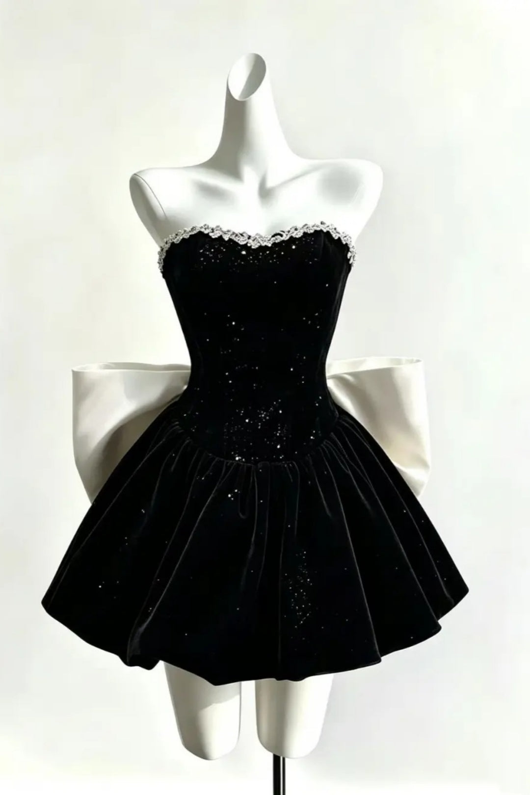 Sparkly Velvet Homecoming Dress, Big Contrast Bow Formal Mini Dress  F0053