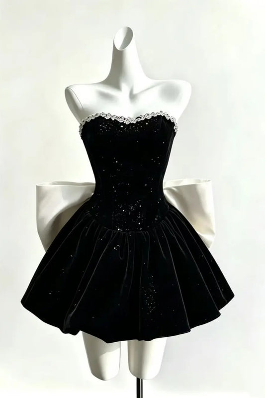 Sparkly Velvet Homecoming Dress, Big Contrast Bow Formal Mini Dress  F0053