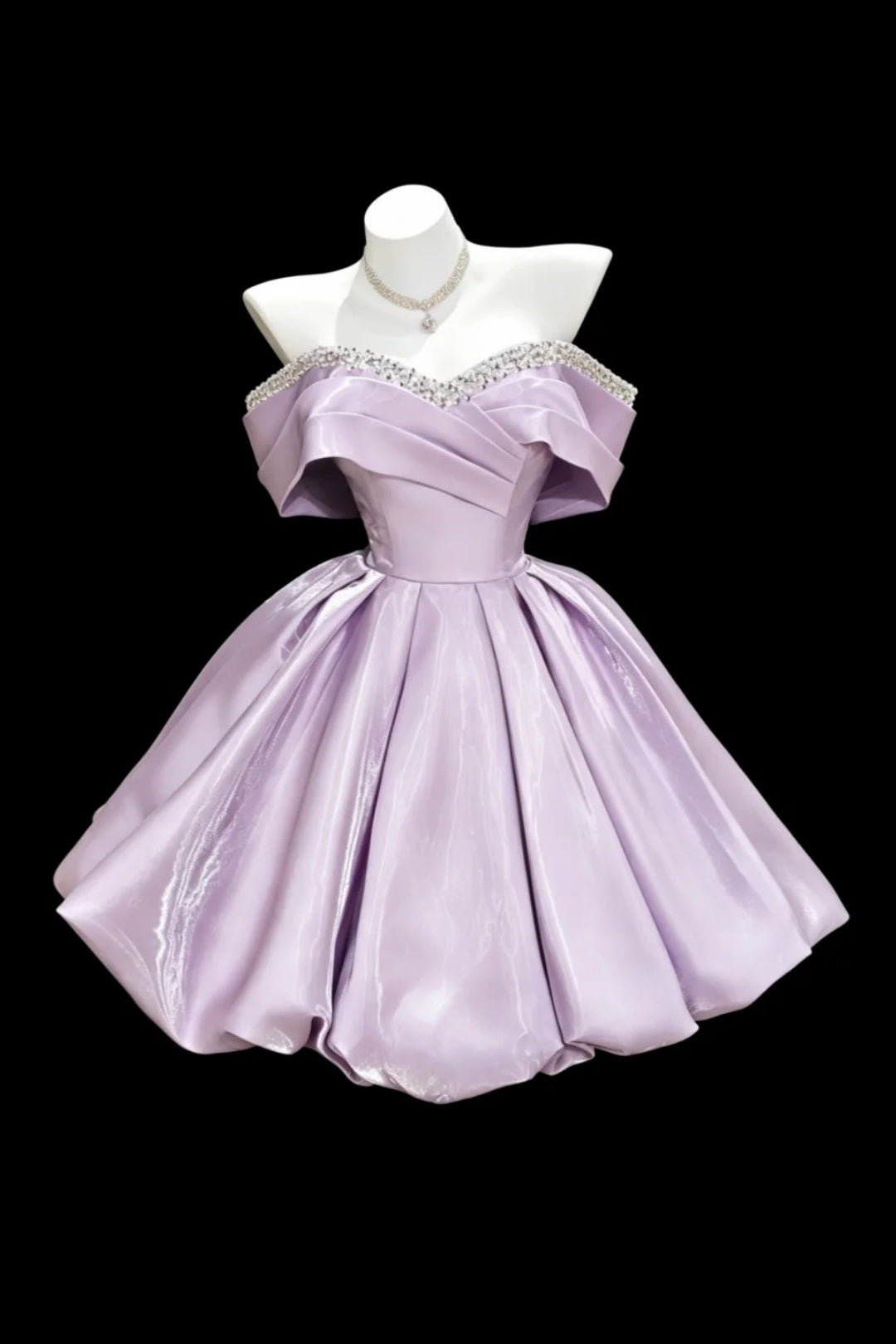 Lavender Off‑Shoulder Rhinestone Homecoming Dress Satin Short Party Gown  F0095