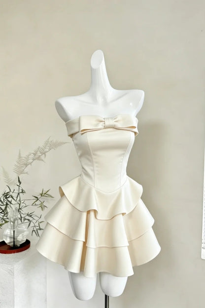 Cream Off Shoulder Mini Dress Big Bow Tiered Ruffle Satin Dress F0237