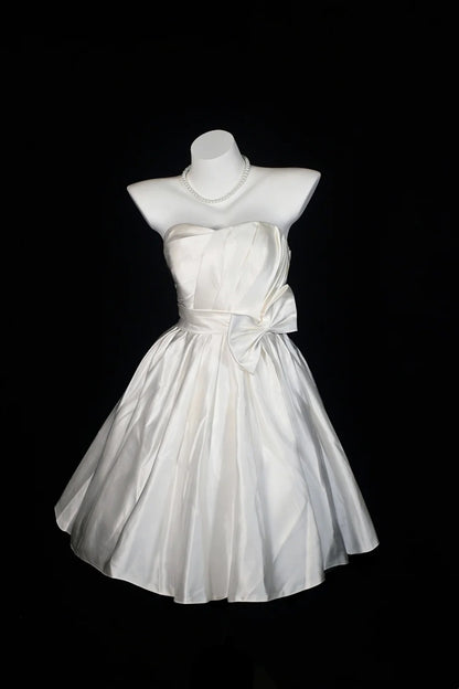White Strapless Satin Midi Dress Big Bow Fit Flare Bridal Dress F0250