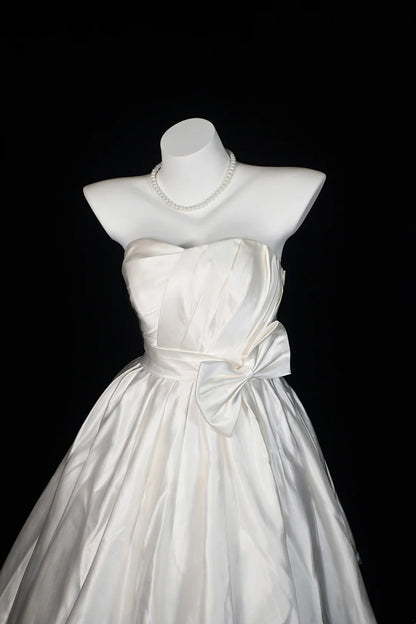 White Strapless Satin Midi Dress Big Bow Fit Flare Bridal Dress F0250