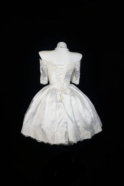 White Off Shoulder Lace Sleeve Satin Mini Dress Lace Up Homecoming Dress F0251