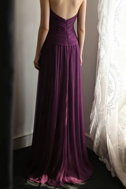 **Evening Dress** Dark Purple Halter V‑Neck Chiffon Long Formal Party Gown F0068