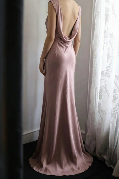 Dusty Pink Satin Cowl Back Mermaid Evening Dress Mother Of Bride Gown F0184
