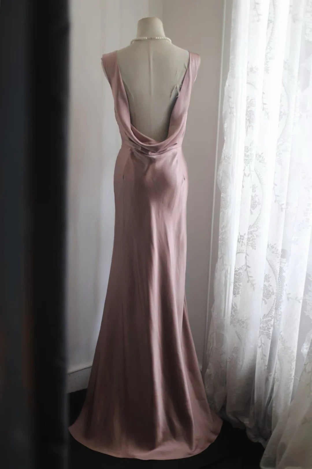 Dusty Pink Satin Cowl Back Mermaid Evening Dress Mother Of Bride Gown F0184