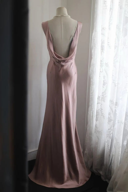 Dusty Pink Satin Cowl Back Mermaid Evening Dress Mother Of Bride Gown F0184
