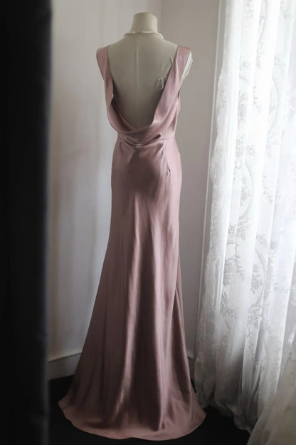 Dusty Pink Satin Cowl Back Mermaid Evening Dress Mother Of Bride Gown F0184