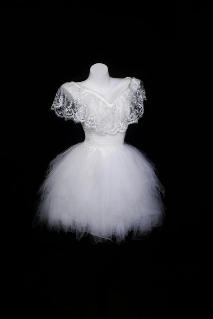 White Off Shoulder Lace Tulle Mini Dress Floral Embroidery Homecoming Dress F0249