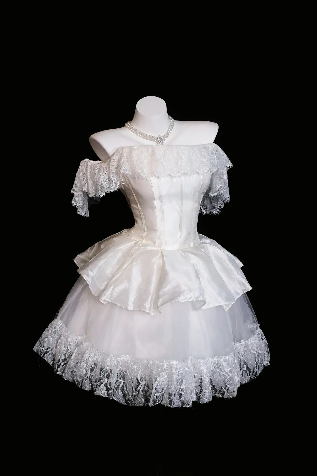 White Off Shoulder Lace Satin Mini Dress Tiered Ruffle Homecoming Dress F0254