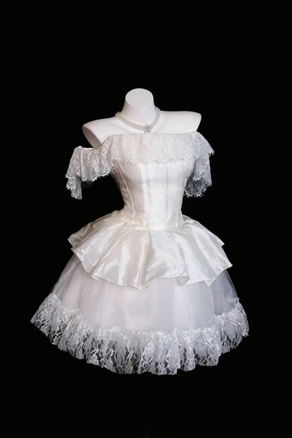 White Off Shoulder Lace Satin Mini Dress Tiered Ruffle Homecoming Dress F0254